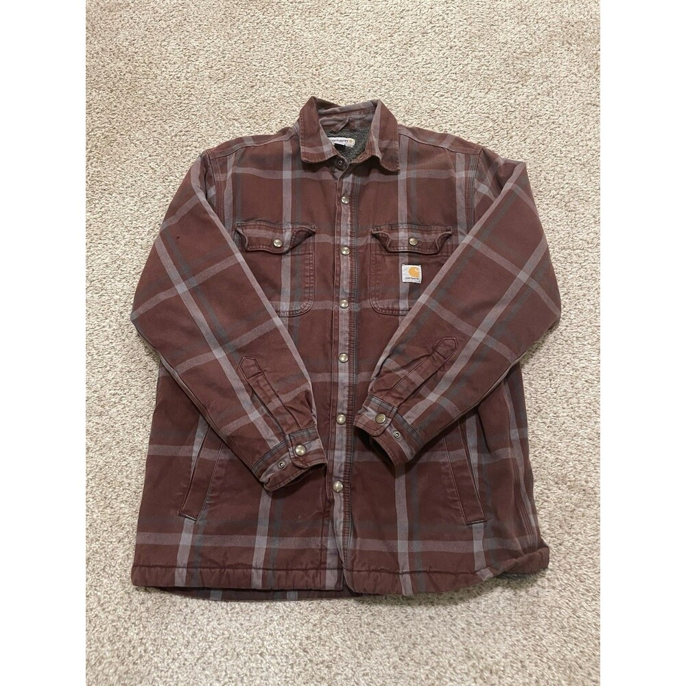 Carhartt Jacket Men's Large Flannel Red Plaid Rugged Flex Fleece Lined Jacket